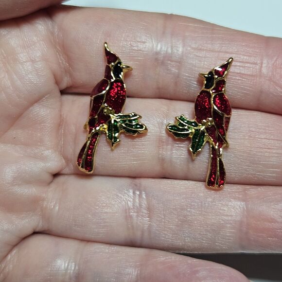 Gold Tone Red Black Green Enamel Cardinal Holiday Earrings - Picture 1 of 15